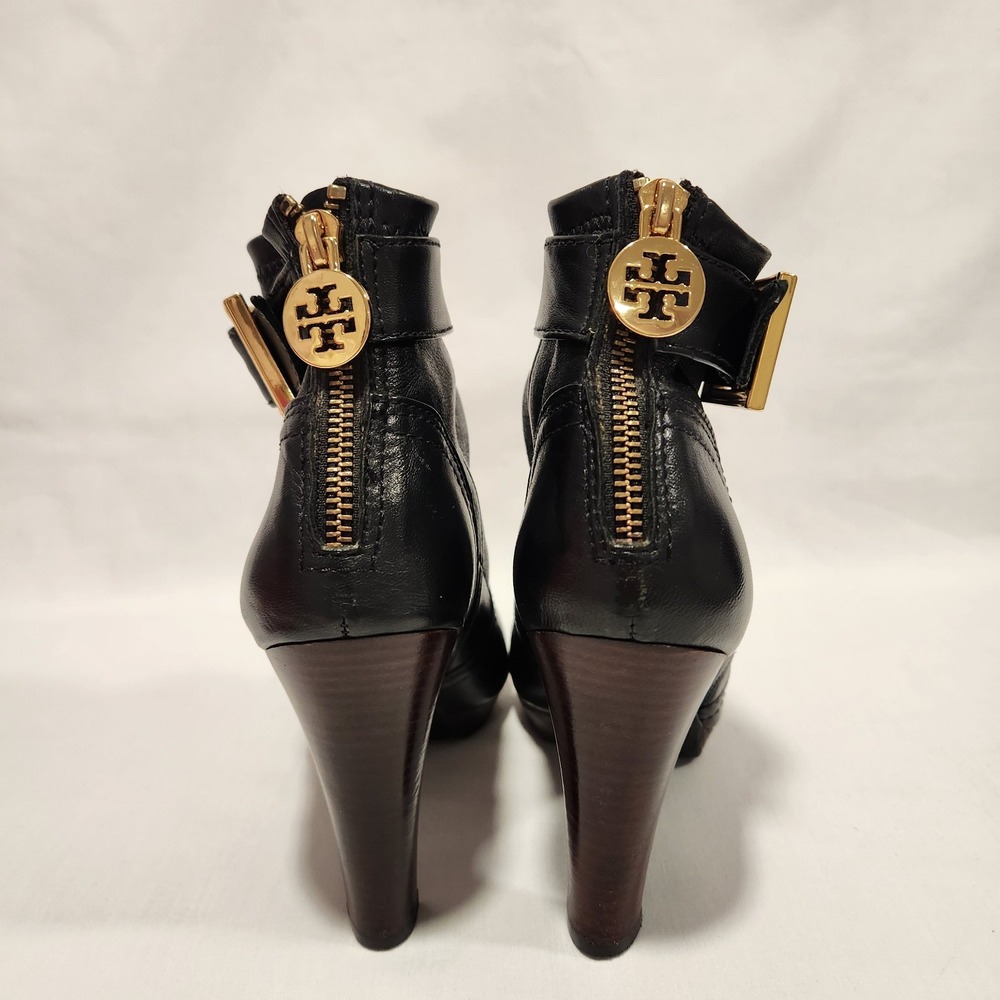 Tory Burch Melrose Ankle Boots Leather Heel Moto Black Logo Women's 7.5 Designer - Picture 3 of 16